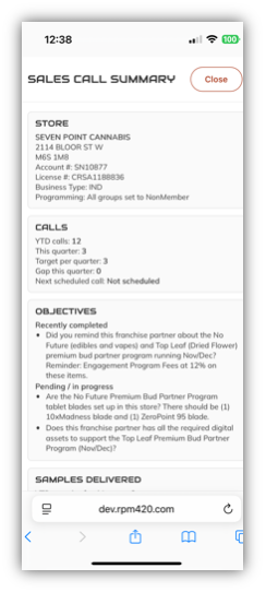 CRM call summary showing store details, call cadence and objectives