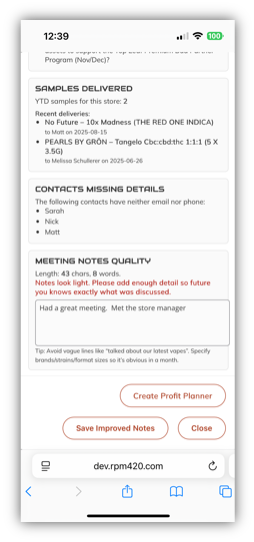 CRM call summary showing samples, contact gaps and meeting-note quality